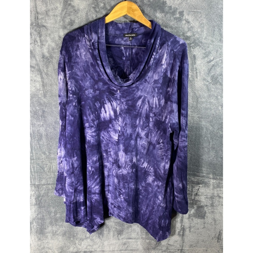 Cha Cha Vente Womens Tunic Top Plus Sz 2X Purple Strokes Artsy Hi Low Hem Shirt
